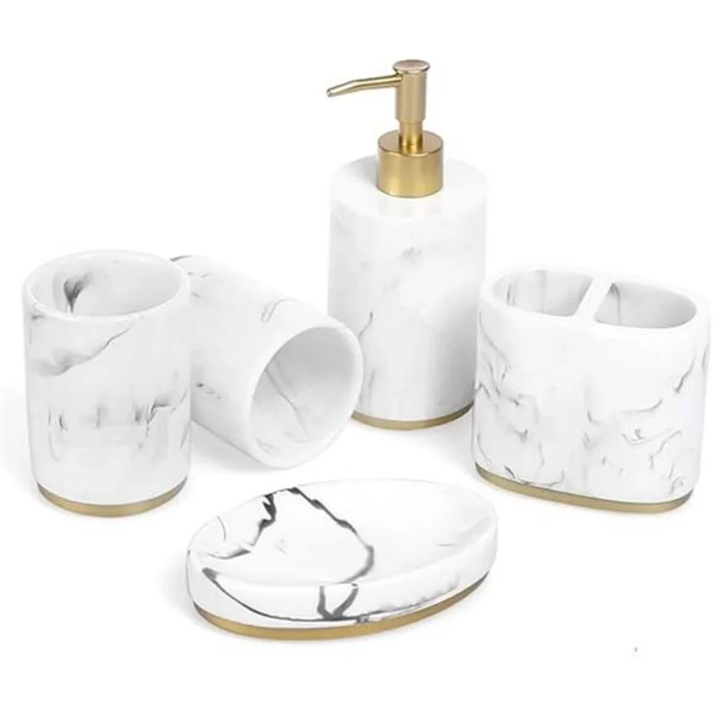 Bathroom Accessories Set, 5 Pcs Marble Look Bathroom Sets for Counter